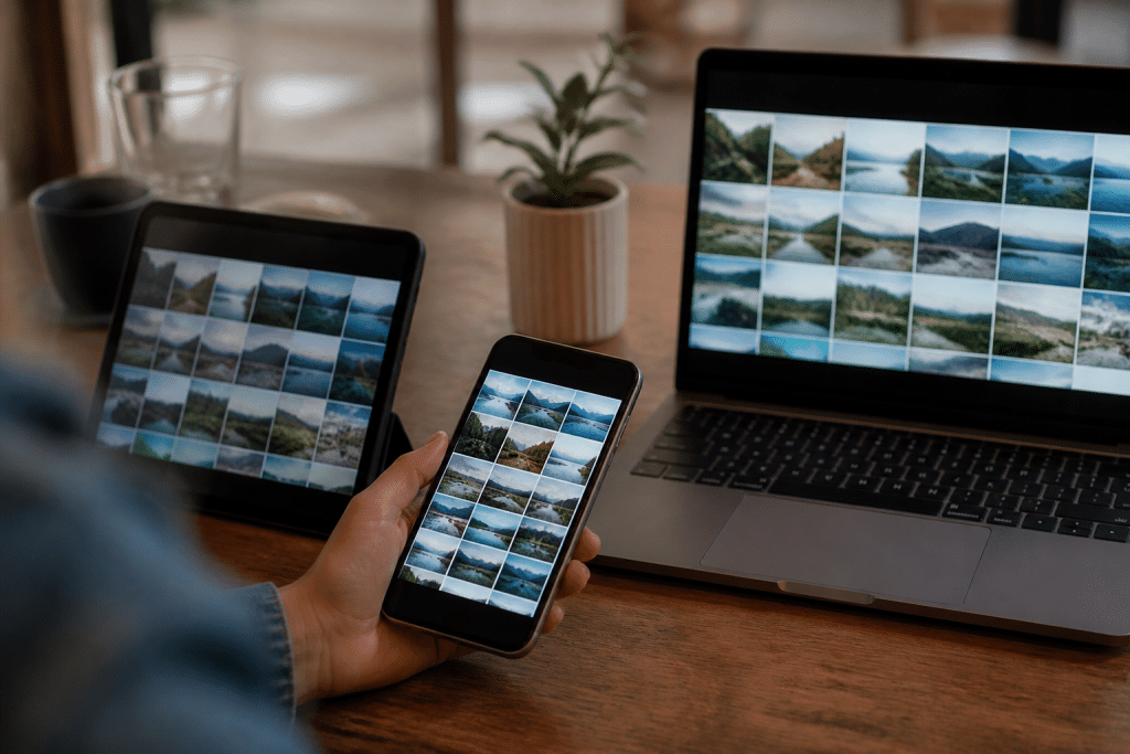 Plusieurs appareils affichant des fichiers synchronises en reseau