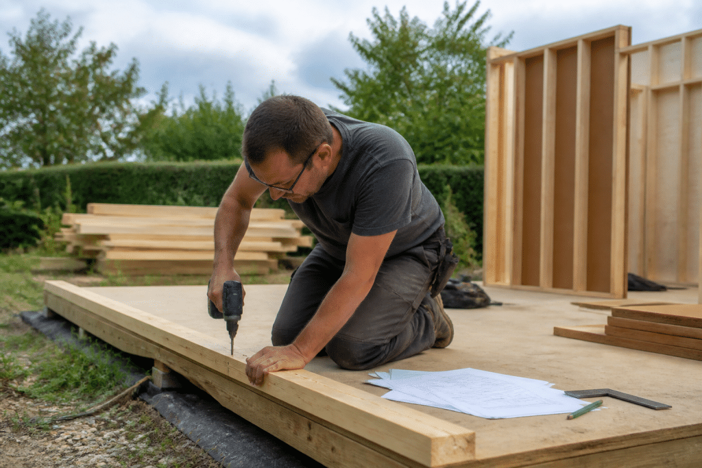 Personne construisant abri jardin bois avec plans et materiaux