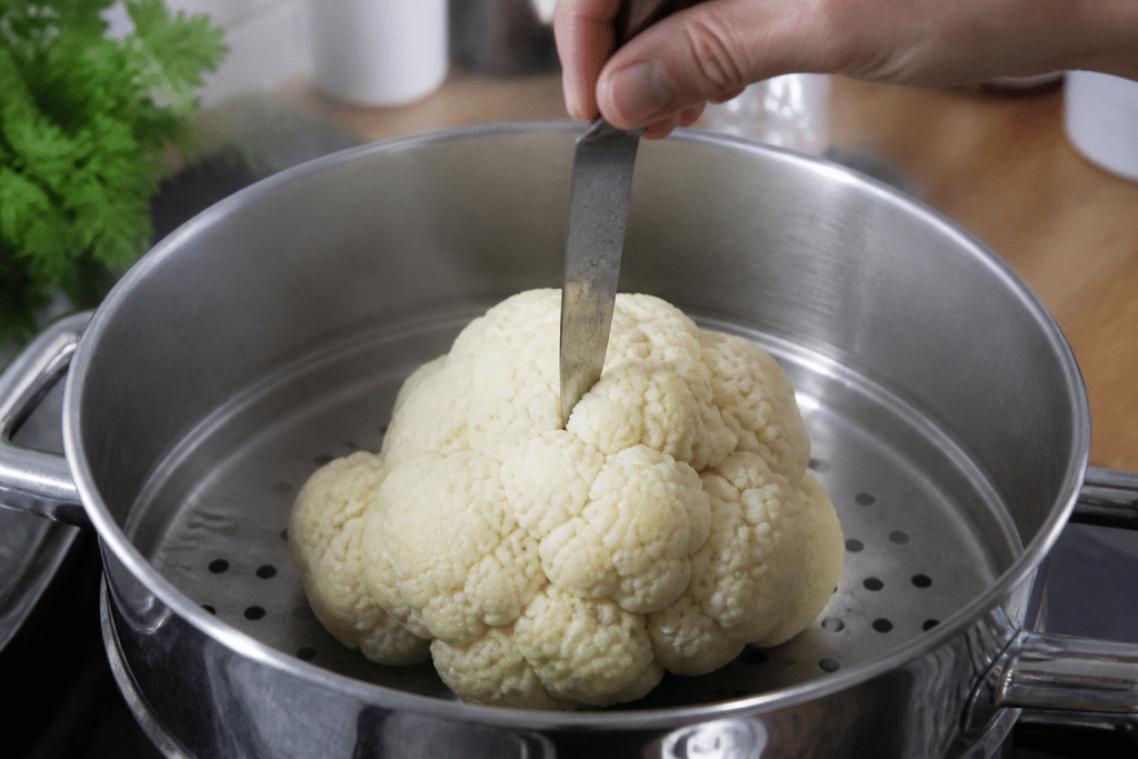 Chou-fleur entier vapeur avec couteau vérifiant cuisson