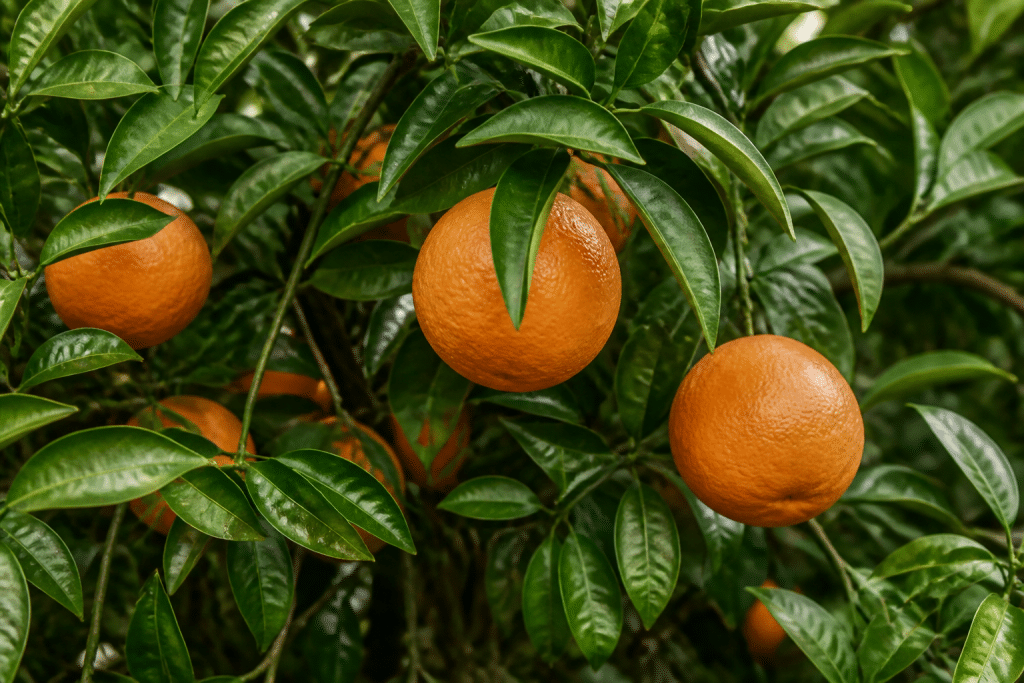 Rangees d'agrumes murs sur branches vertes en verger