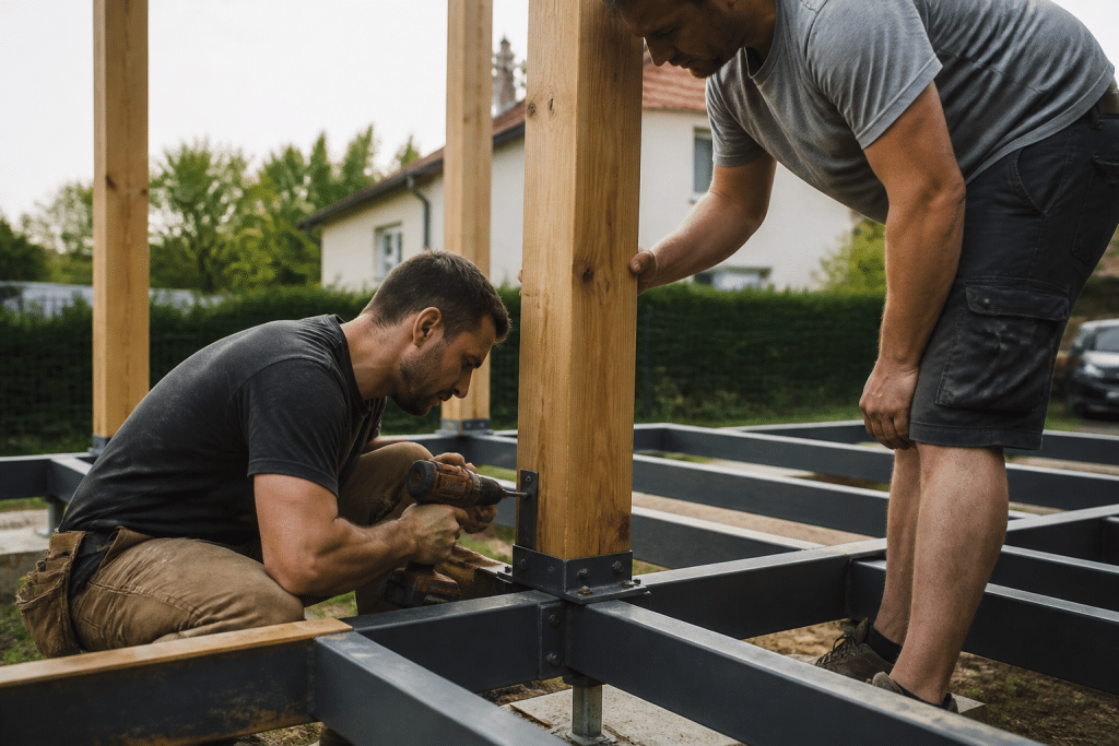 Ouvriers assemblant poteaux bois et structure metallique terrasse
