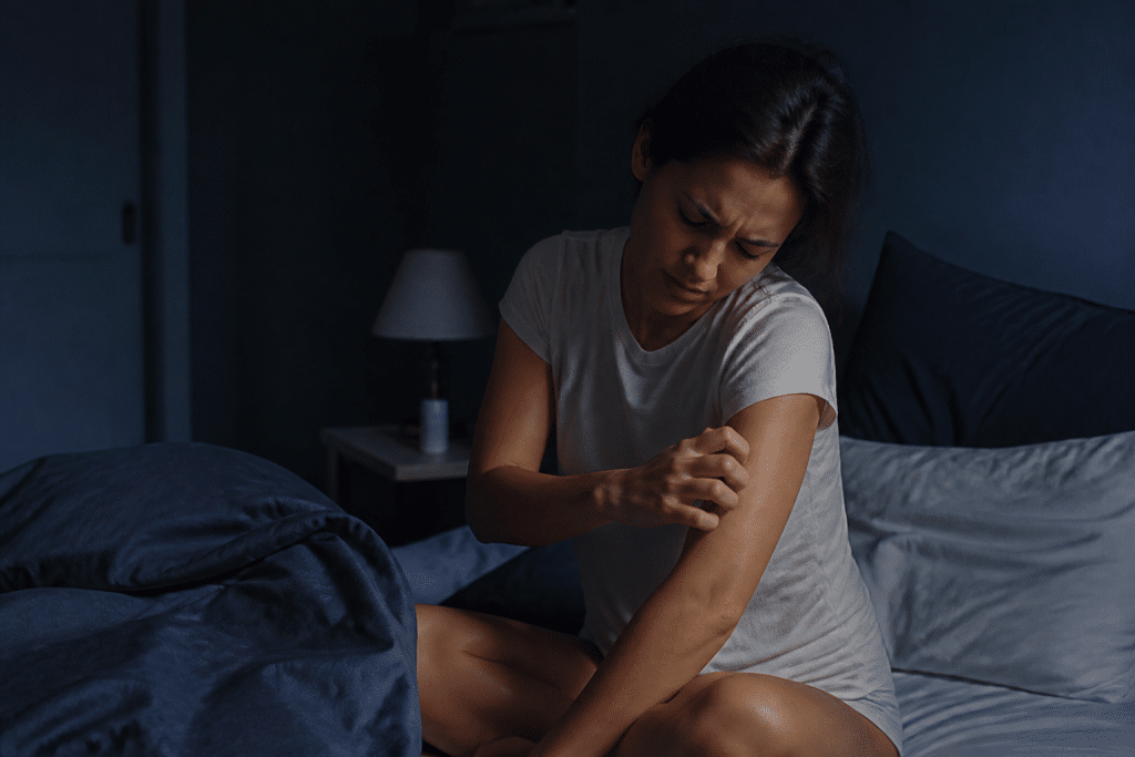 Personne se grattant le bras pendant la nuit avec malaise