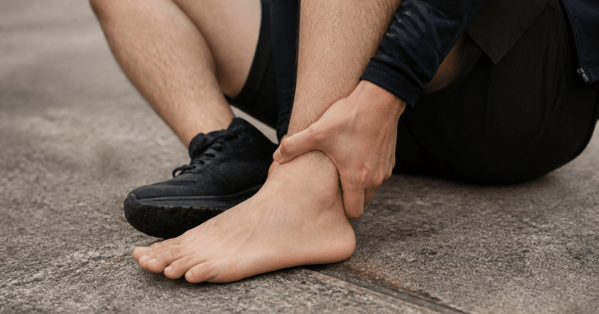 Personne tenant sa cheville douloureuse avec la main, peau normale sans marques