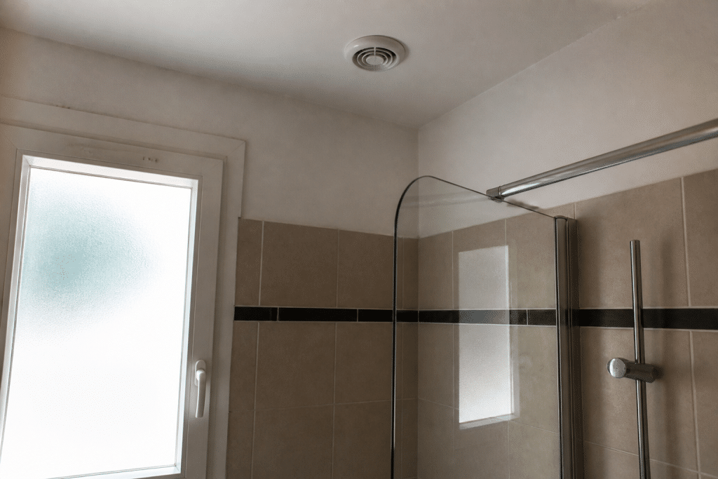Salle de bain avec extracteur air blanc et fenetre fermee