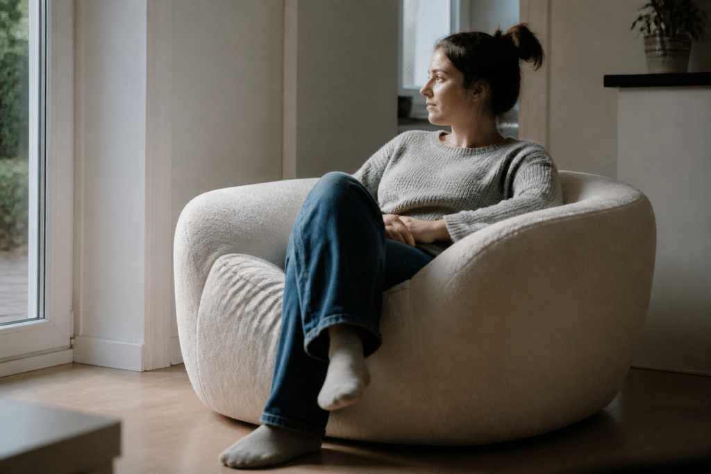 Personne assise dans un fauteuil coquille mousse ferme
