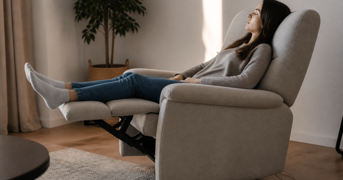 Fauteuil inclinable beige avec dossier haut enveloppant le corps allongé