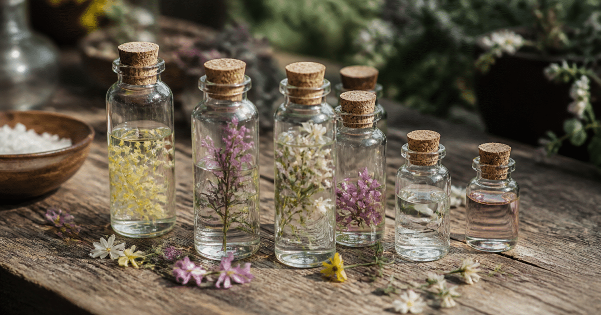 Fioles de remede floral posees sur table en bois naturel