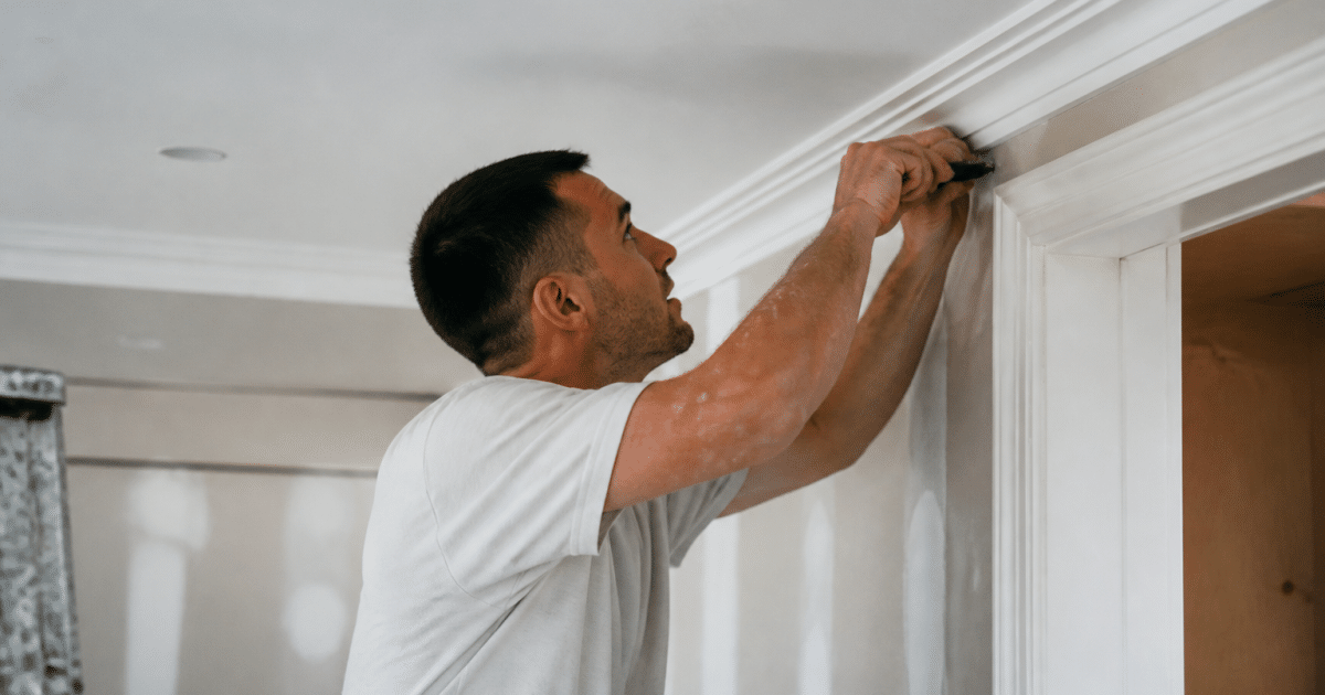 Ouvrier fixe moulure blanche au plafond avec outil