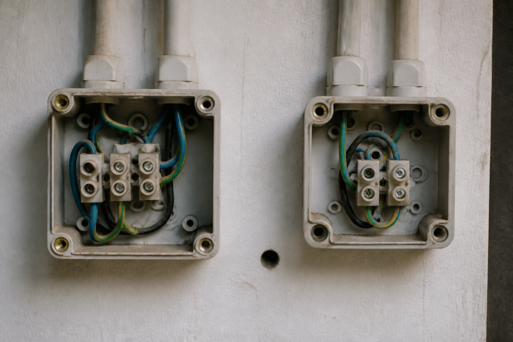 Deux boitiers electriques montrant trois et deux bornes differentes