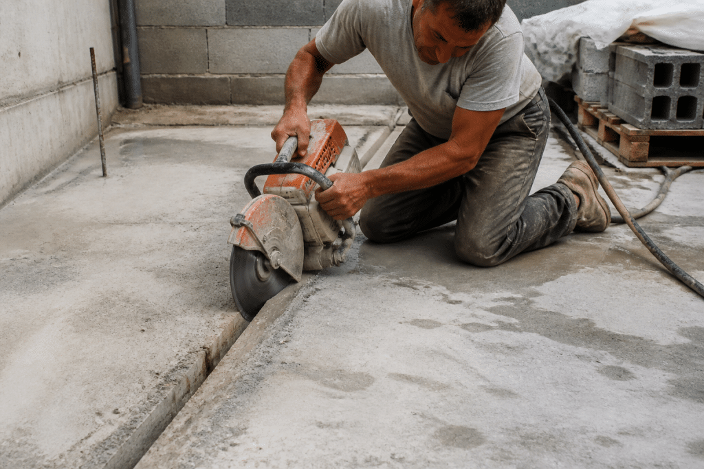 Ouvrier sciant une rainure profonde dans béton frais gris