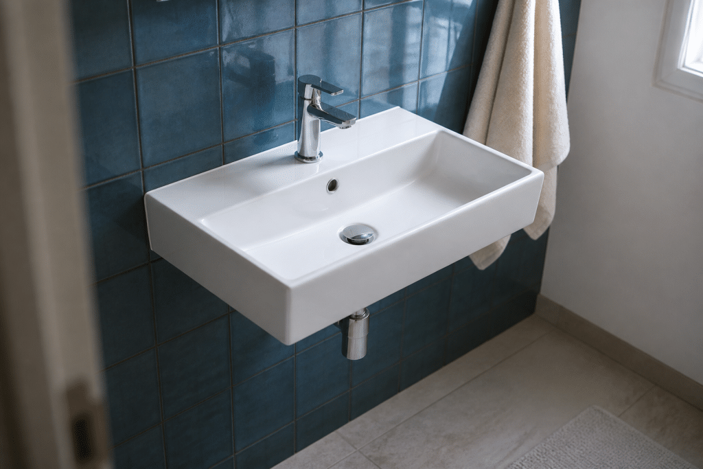 Lavabo suspendu blanc fixe au mur carrelage bleu