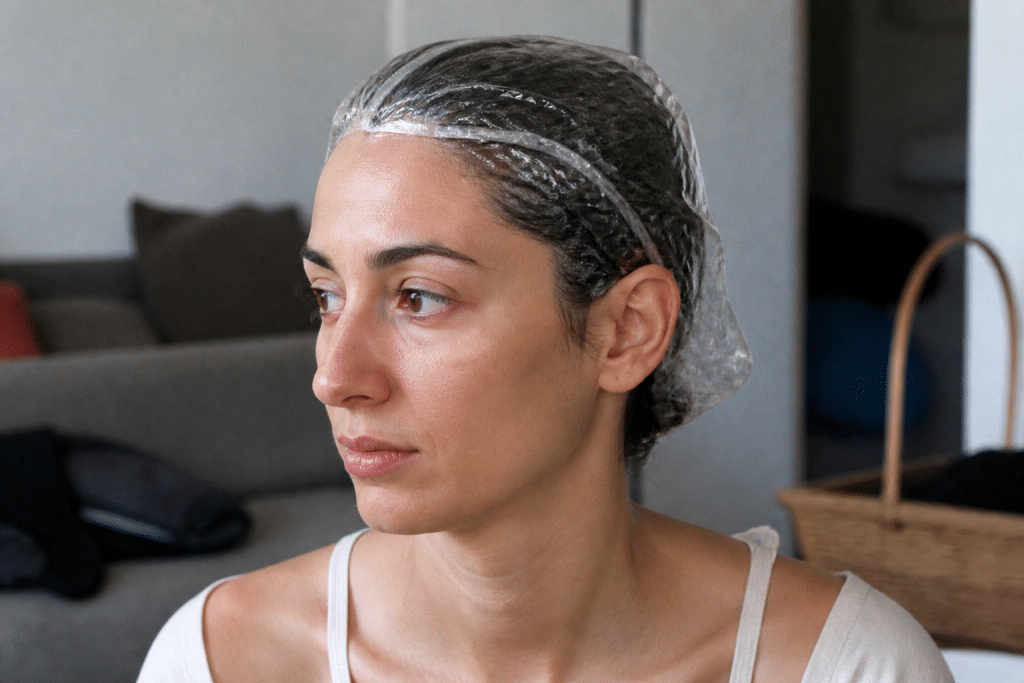Cheveux enduits de gel transparent sous charlotte plastique