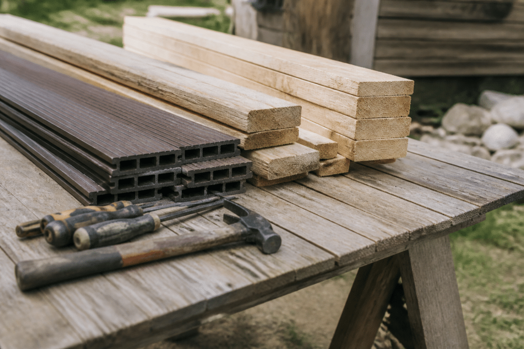 Planches bois, composite et outils construction sur table