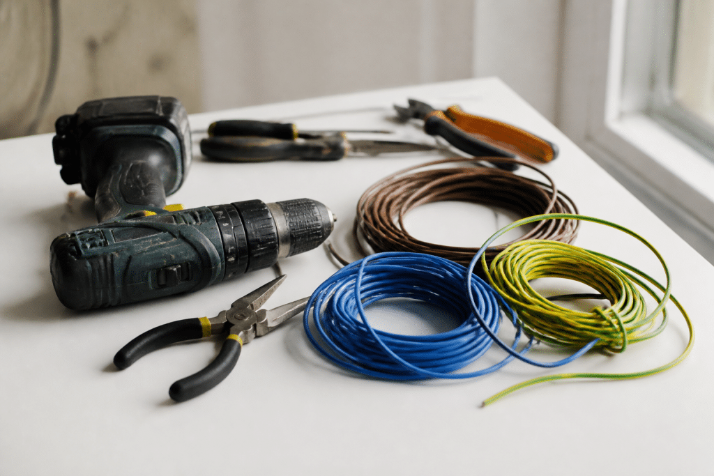 Outils electriques et fils rigides sur surface blanche