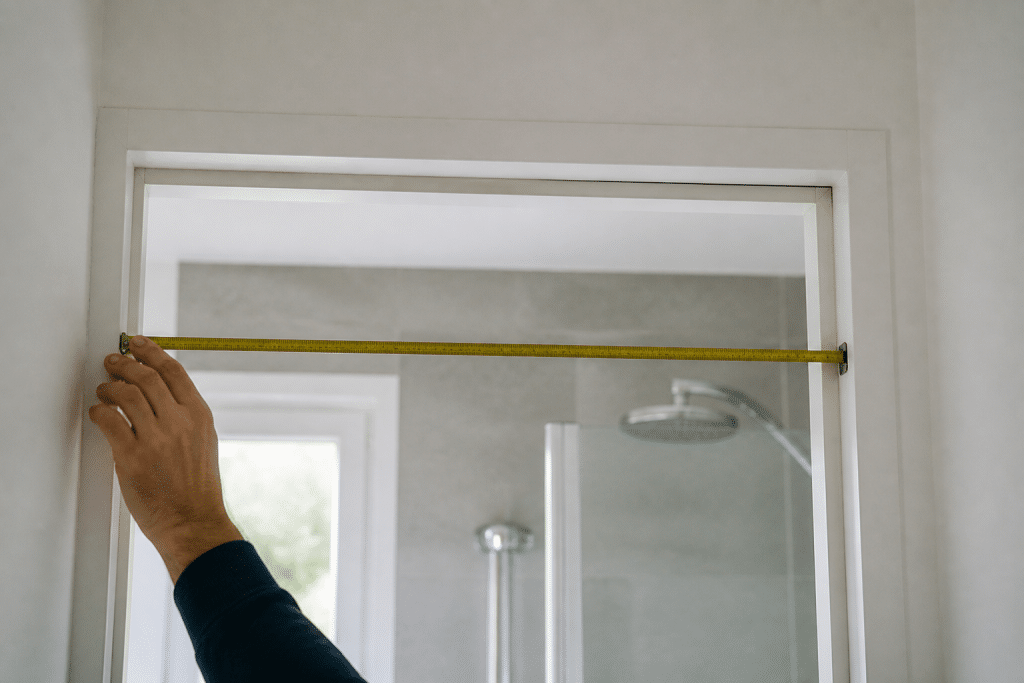 Mètre mesurant ouverture porte salle bain encadrement mur blanc