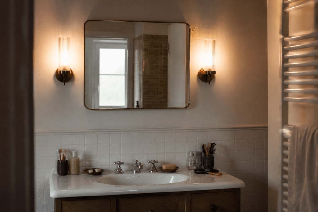 Miroir de salle de bains eclaire par deux appliques lumineuses