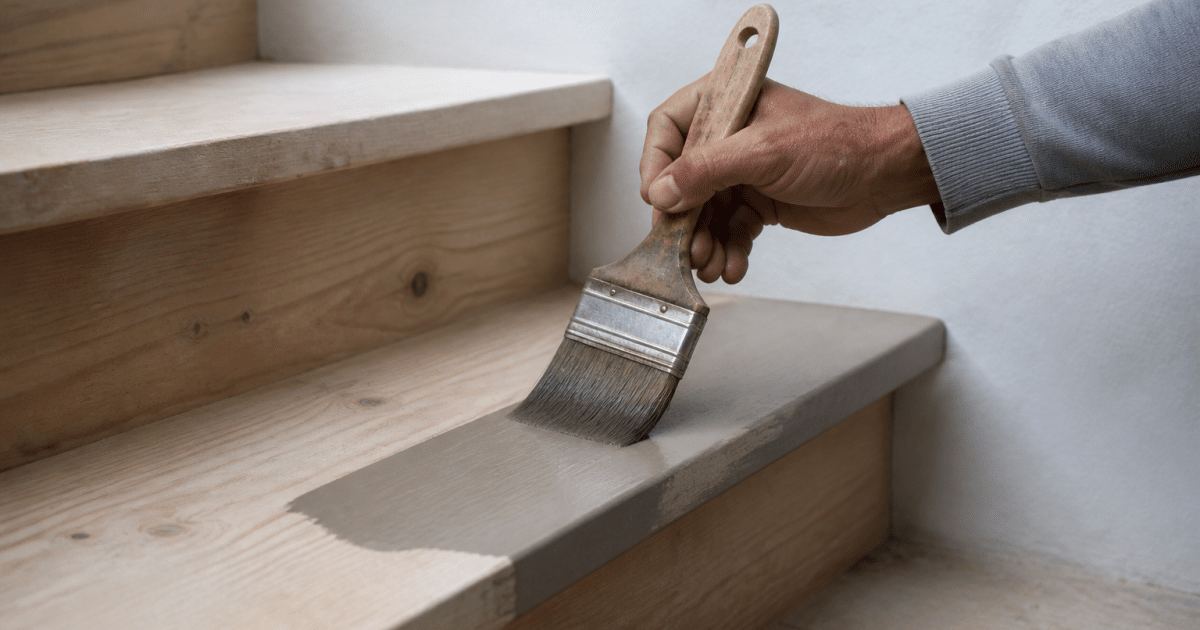 Pinceau appliquant badigeon coloré sur marches en bois brut