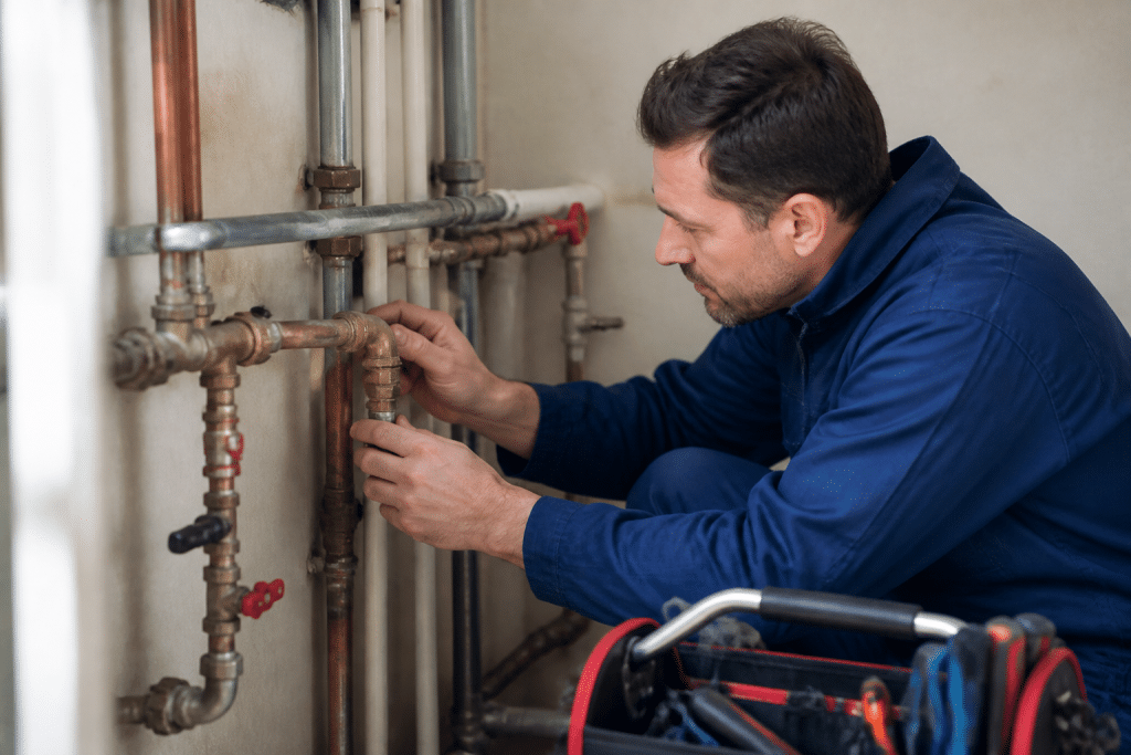 Plombier inspectant tuyauterie avec outils professionnels