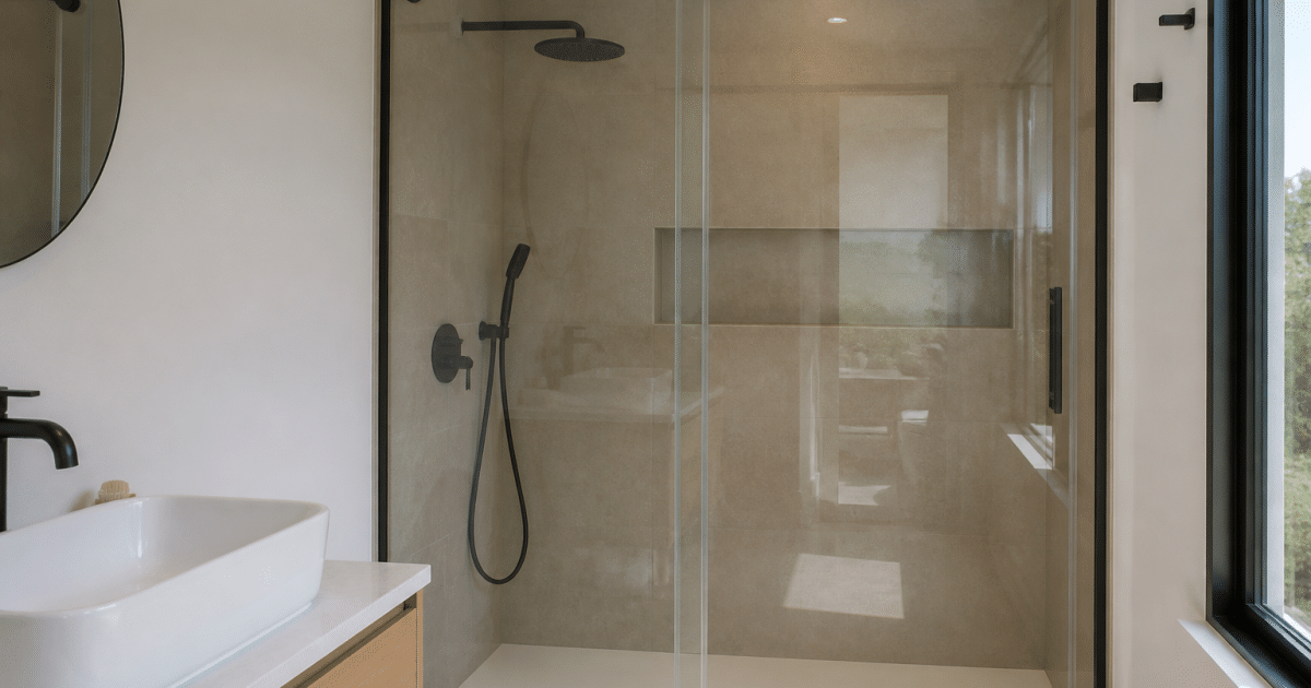 Porte coulissante transparente fermée dans salle bain moderne