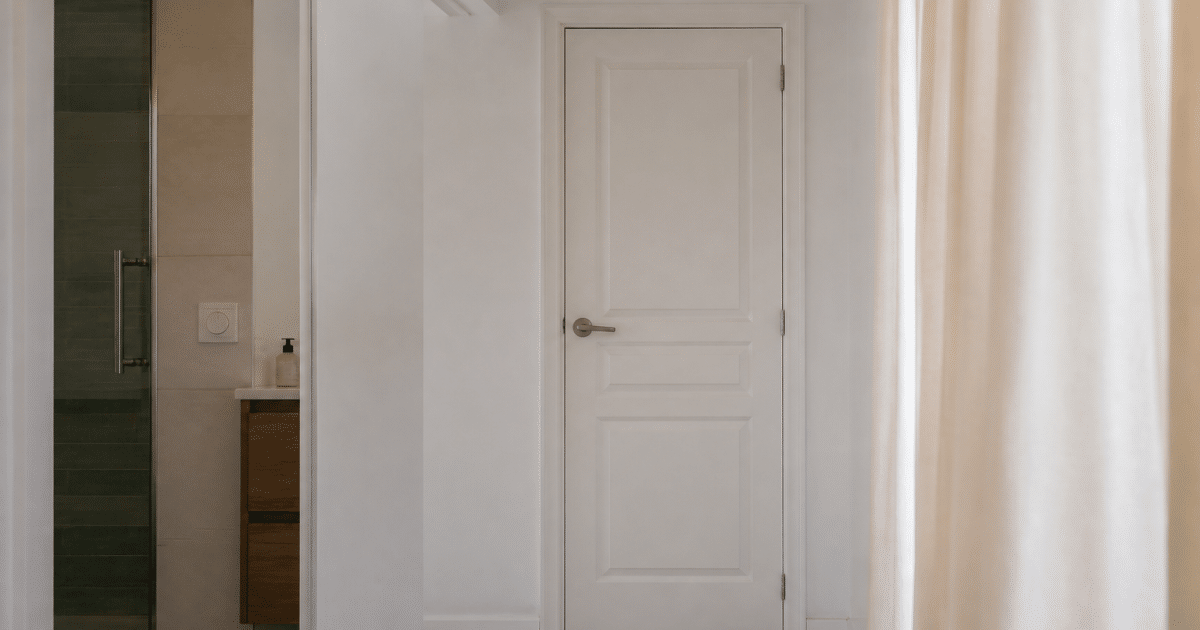 Porte blanche fermee encadrant entree salle bain carrelage