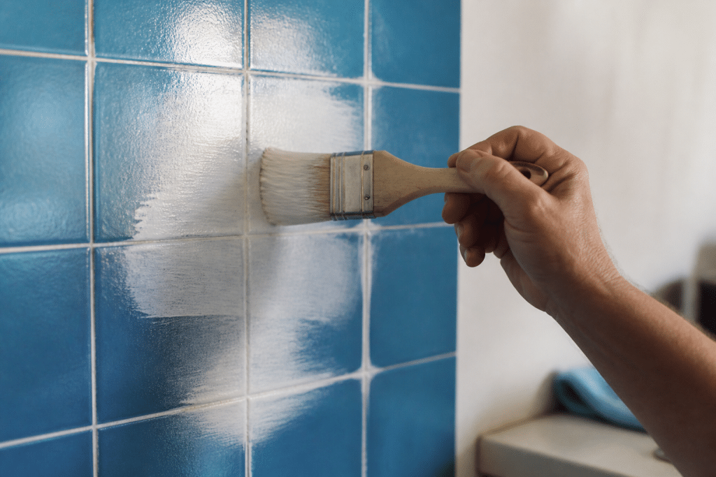 Pinceau appliquant peinture blanche sur carrelage mural bleu