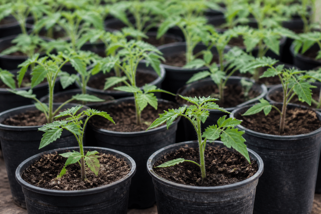 Jeunes plants avec vraies feuilles transplantés dans godets individuels