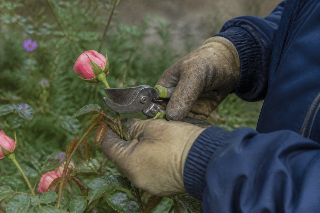 Mains gantees tenant secateur affute pres branche rose