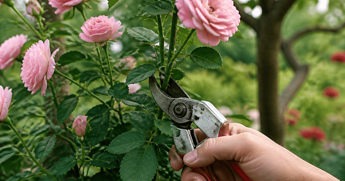 Secateurs coupant branches roses fleuries sur arbuste dresse verticalement