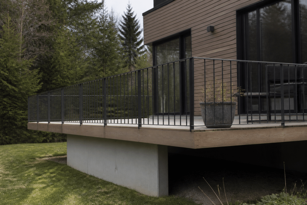 Terrasse surélevée avec garde-corps métallique barreaux espacés