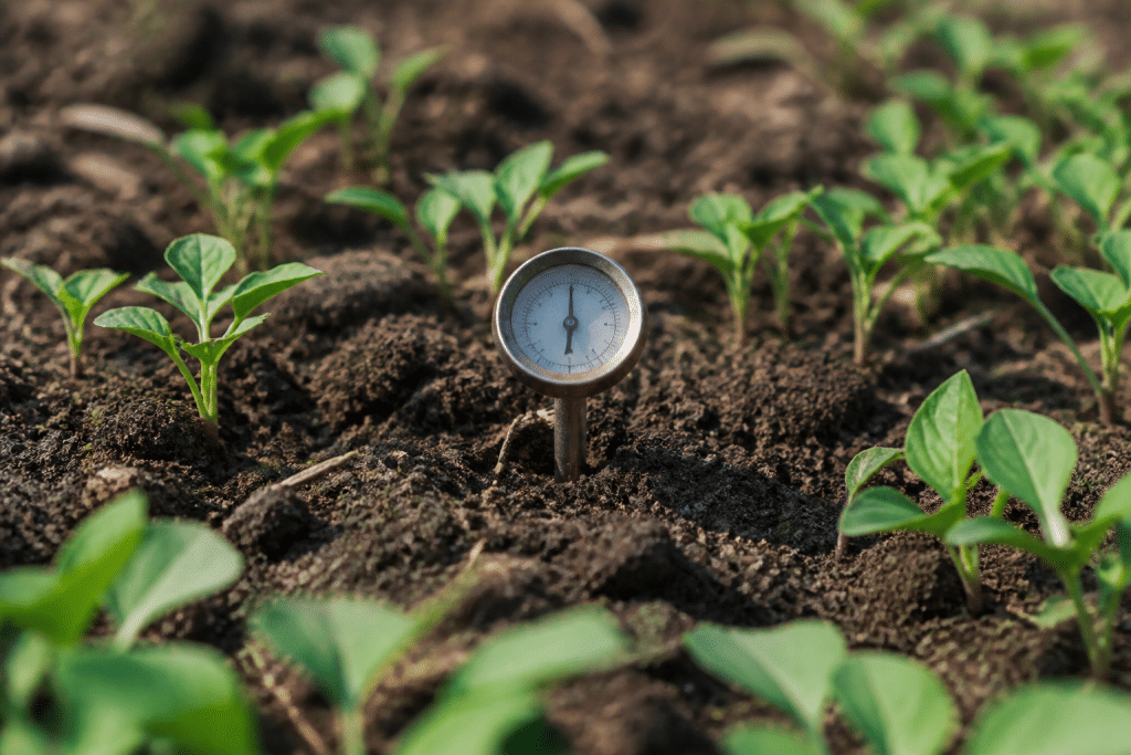 Thermometre dans sol fertile mesurant temperature plantation